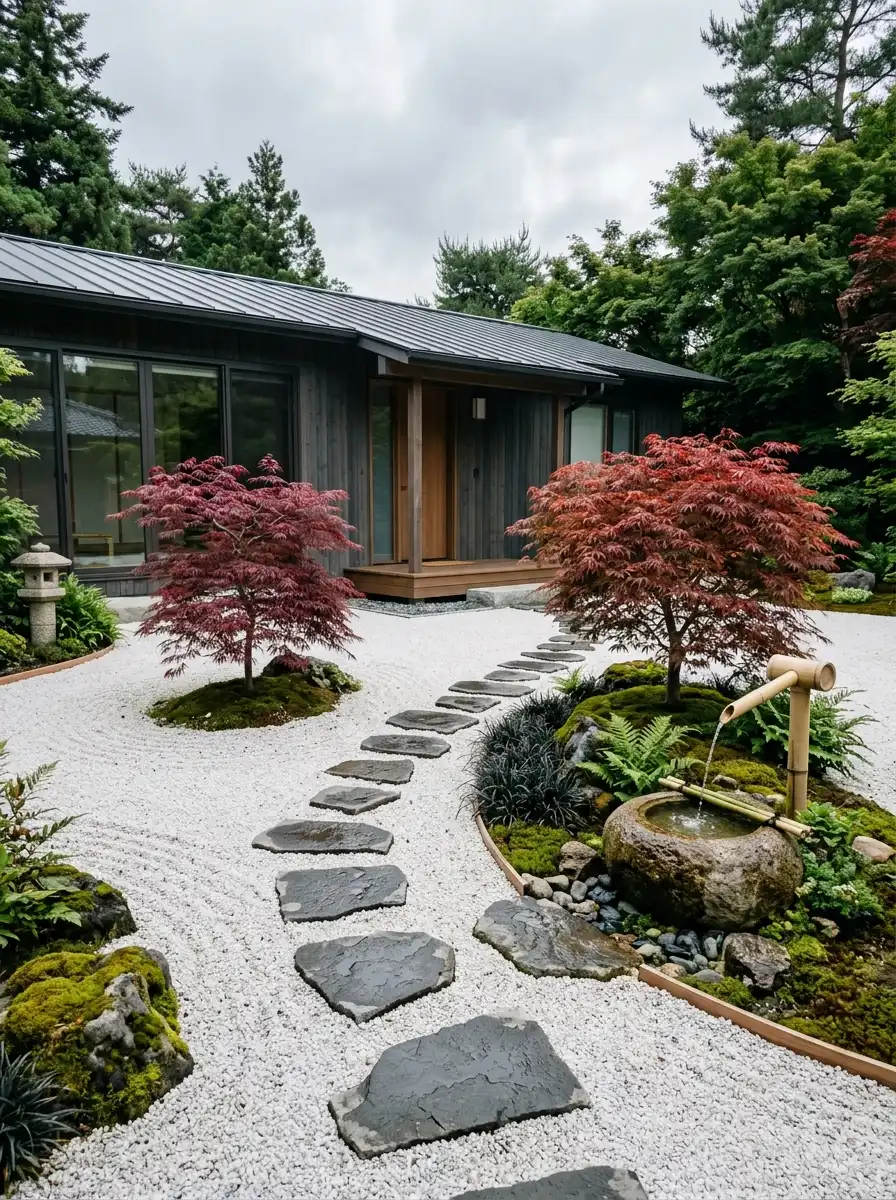 Minimalist Zen gravel garden with Japanese maple and stepping stones in a serene grass-free landscaping front yard