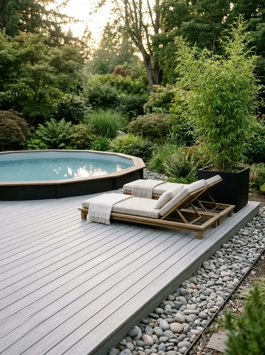 21 Amazing Above Ground Pool Deck Ideas That Go Beyond the Basic Deck With Style, Comfort, and Function 18 Zen above ground pool deck with pale gray composite, river stone border, linen platform loungers, and tall black bamboo planter in tranquil backyard