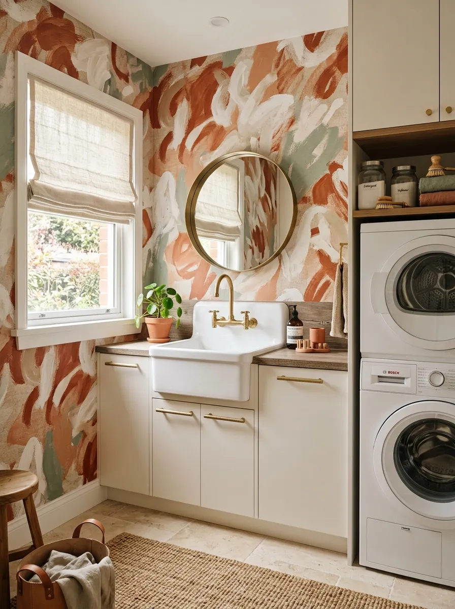 Sophisticated laundry room with organic terracotta and sage abstract laundry room wallpaper, warm white cabinetry, brass bar handles, and travertine tile