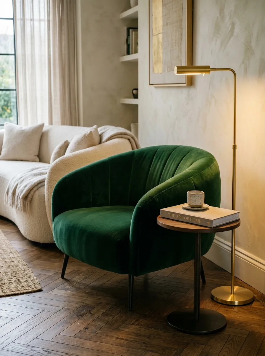 25 Luxury Living Room Ideas That Reveal the Design Details Most People Completely Overlook 20 Green velvet accent chair angled toward sofa in a luxury living room with brass floor lamp and herringbone floor