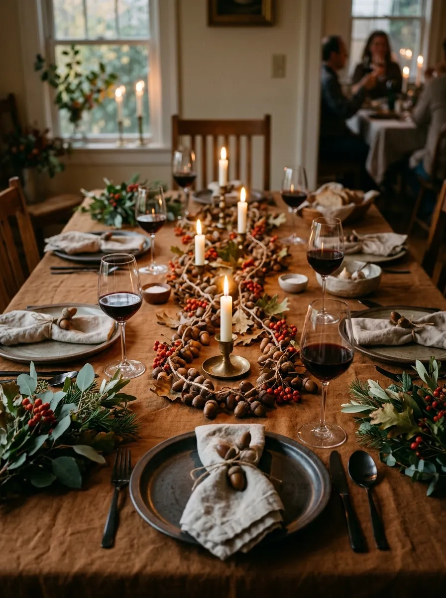 Hand strung acorn and dried red berry garland as a cozy harvest nature themed table setting centerpiece