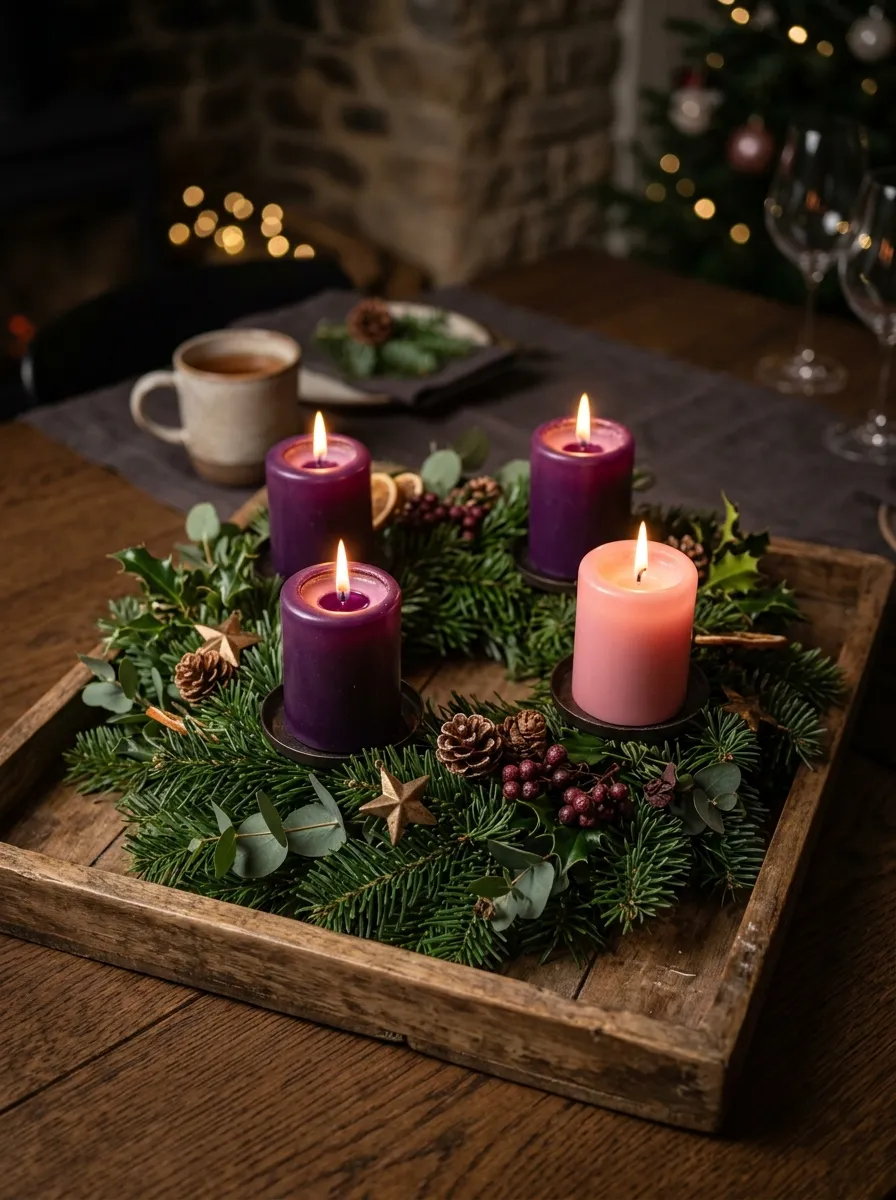 Four advent candles in purple and pink nestled in pine greenery as meaningful and elegant holiday table centerpieces