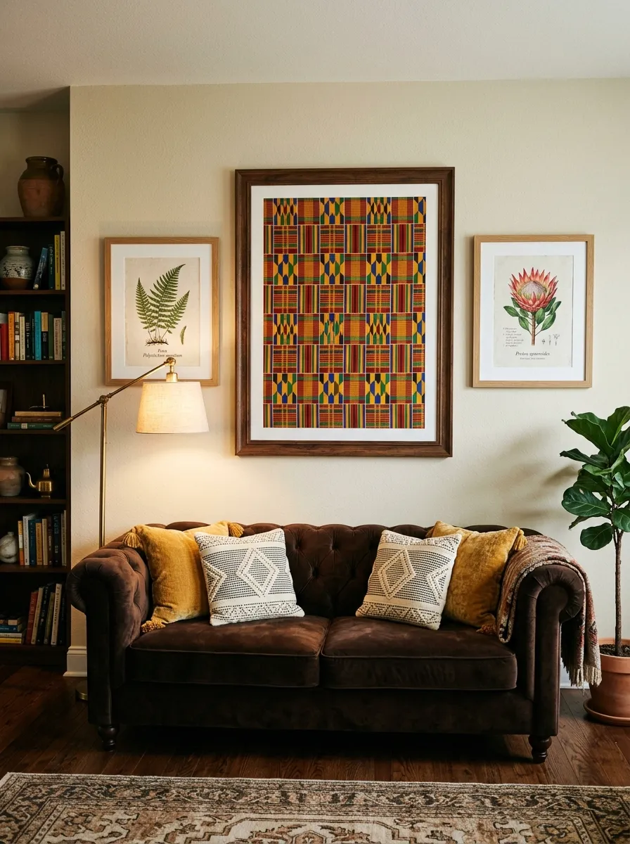 23 Afro Boho Living Room Ideas That Feel Warm, Authentic, Stylish, and Truly Lived In 3 Large framed African Kente textile art above velvet sofa in an Afro bohemian living room with warm lighting