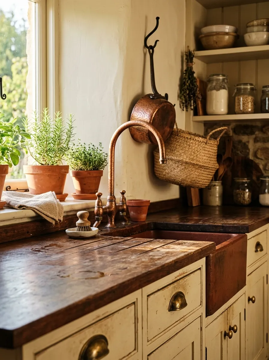 23 Rustic Farmhouse Kitchen Ideas That Use Quiet Design Rules to Create a Timeless Look 12 Aged brass cabinet pulls and copper gooseneck faucet against cream cabinetry in a warm rustic farmhouse kitchen with wood countertops.