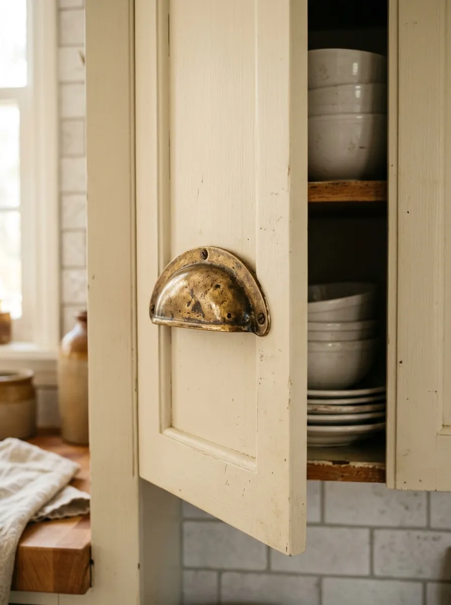 17 Farmhouse Cottage Kitchen Ideas to Master the New Timeless and Cozy Design Aesthetic 13 Aged brass cup pull hardware on cream shaker cabinets in a rustic farmhouse kitchen with subway tile background