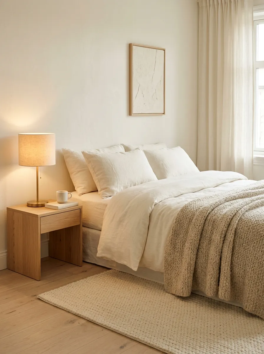 Warm cream and white monochrome minimalist bedroom with linen bedding and oak accents
