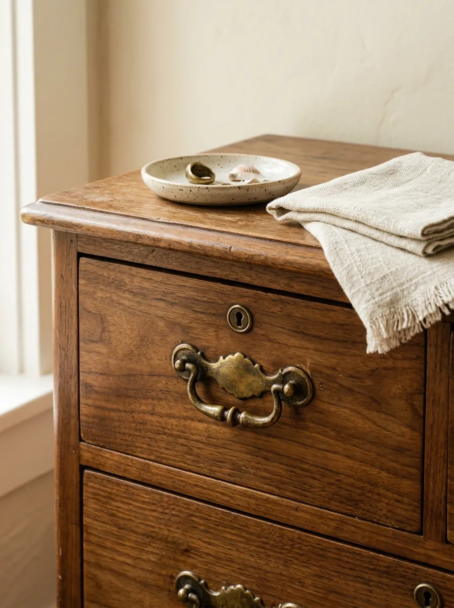 Burnished antique brass drawer pulls on a warm wood dresser in a cozy elegant bedroom design