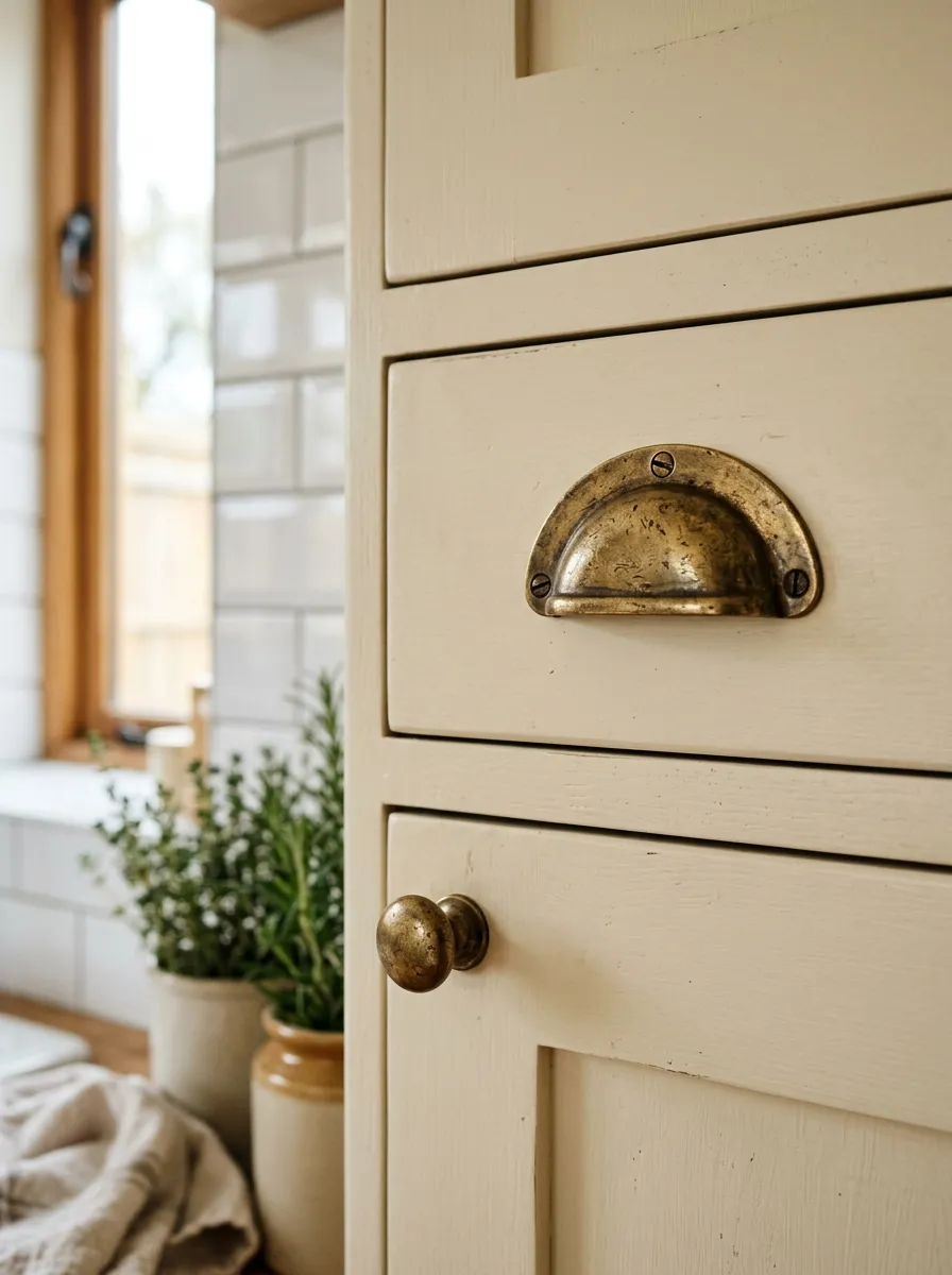 Antique brass cabinet pulls and cup handles on cream Shaker cabinets in a cottage kitchen with warm natural light