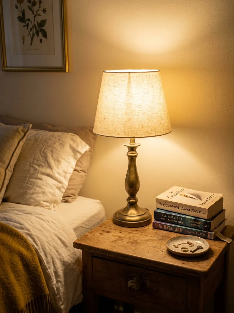Antique brass table lamp with linen shade on a wood nightstand in a cozy elegant bedroom design