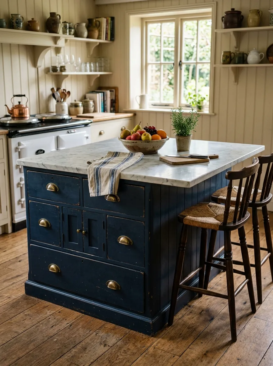 Navy painted antique dresser with marble top and brass pulls used as a kitchen island in a cottage kitchen with barstools