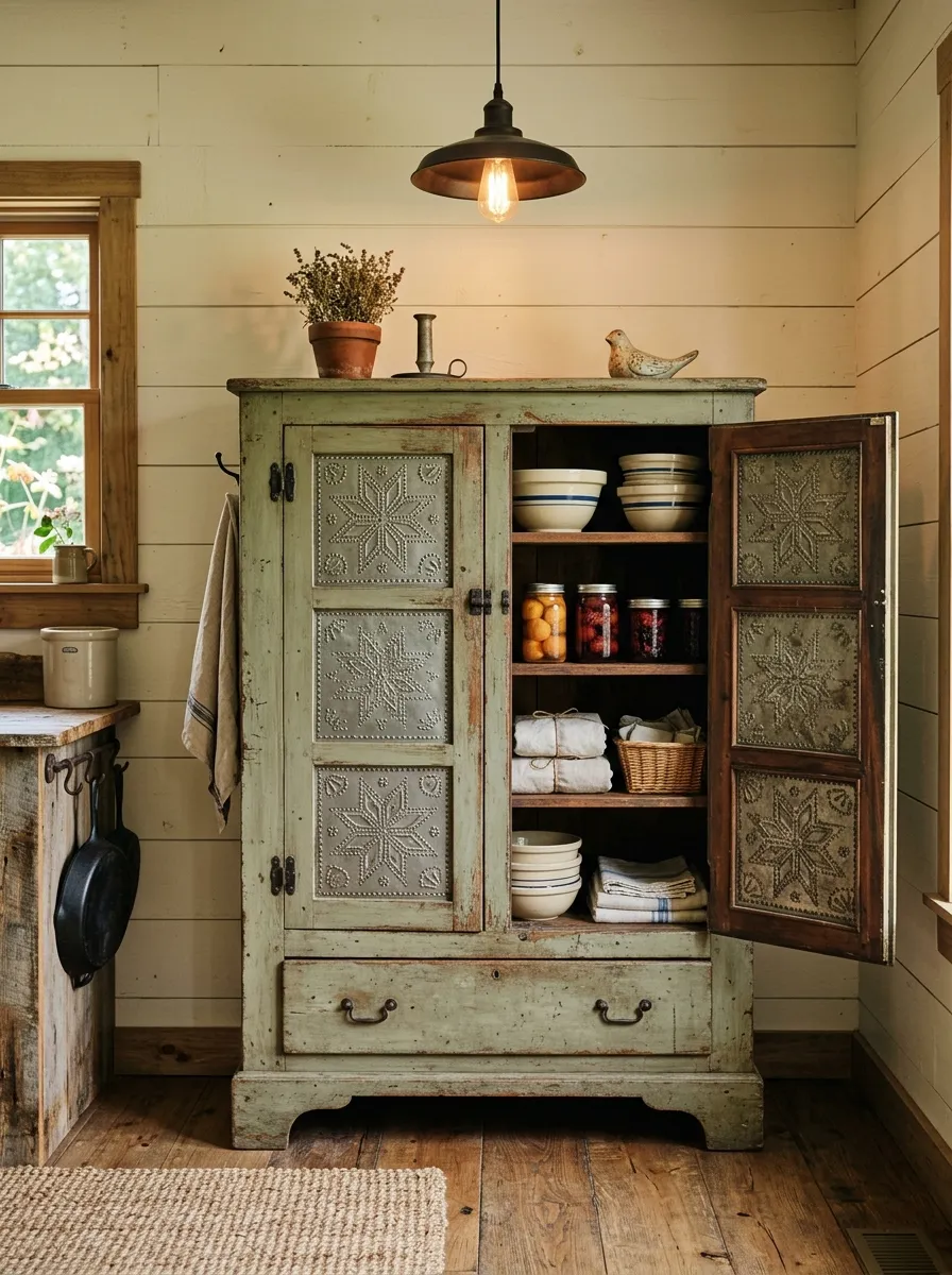 23 Rustic Farmhouse Kitchen Ideas That Use Quiet Design Rules to Create a Timeless Look 16 Freestanding antique pie safe in sage green with punched tin panels and visible wood grain in a warm rustic farmhouse kitchen.