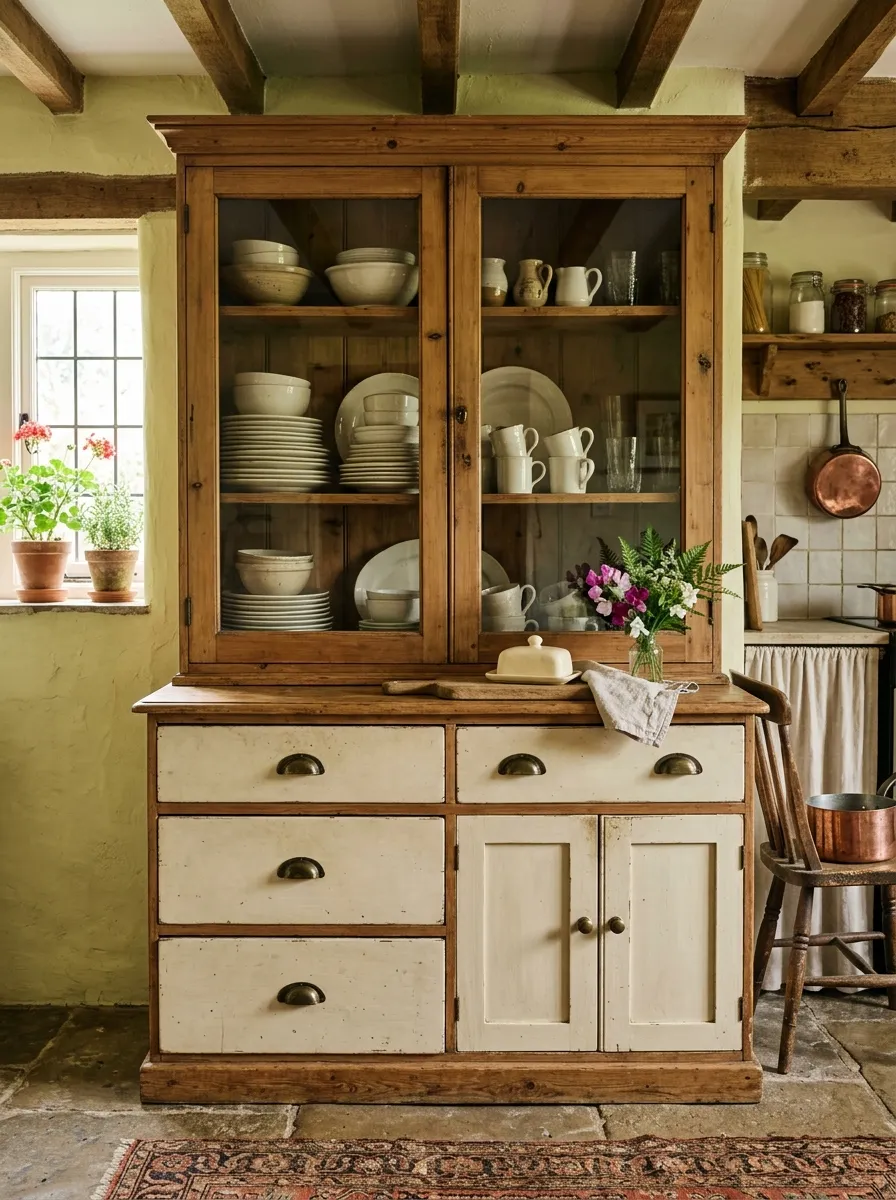 Antique pine freestanding dresser used as kitchen hutch with glass doors and cream paint in a cottage kitchen setting