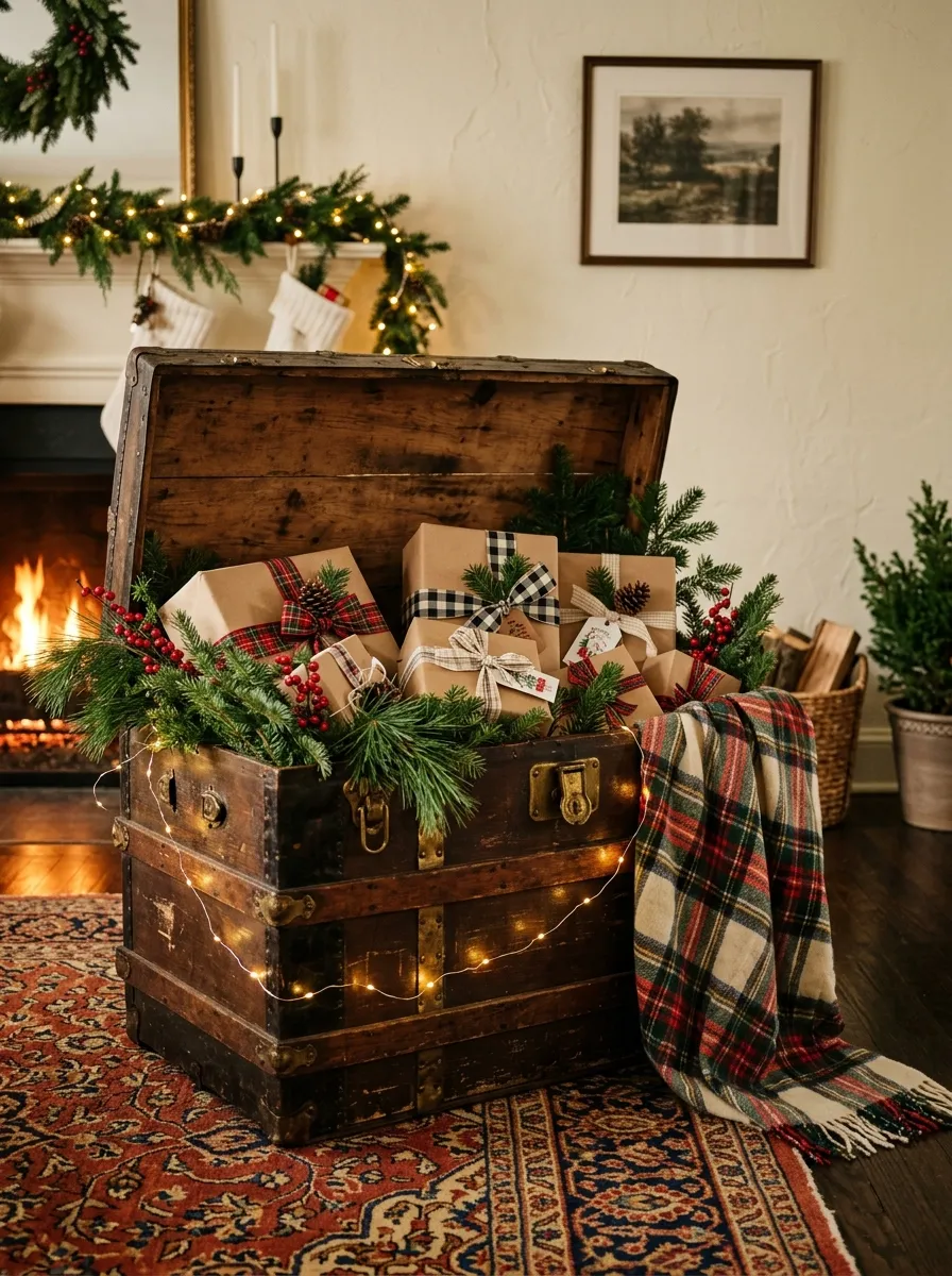 Dark antique trunk with pine boughs and wrapped plaid gifts as a holiday statement piece for luxury Christmas decorating ideas