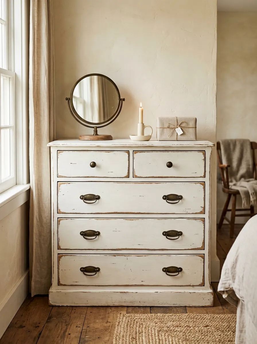 Antique white chalk painted farmhouse bedroom dresser with distressed edges and aged bronze drawer pulls in warm morning light