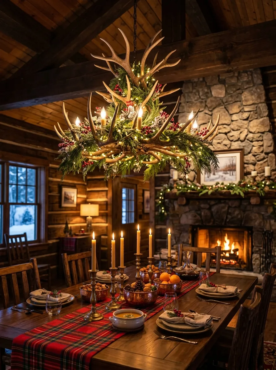 Rustic antler chandelier wrapped in pine garland and berry clusters for Ralph Lauren Christmas decor in a cozy dining room