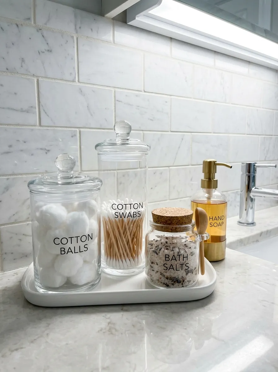 17 Bathroom Counter Styling Ideas for an Instant Aesthetic Glow Up That Looks Expensive 9 Bathroom vanity styling with clear apothecary jars of cotton balls, bath salts, and swabs on white marble tray