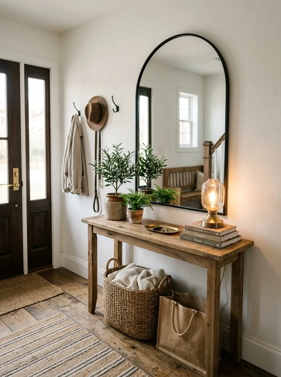 Farmhouse entryway with natural wood console table, tall arch top mirror, potted greenery, and woven basket below