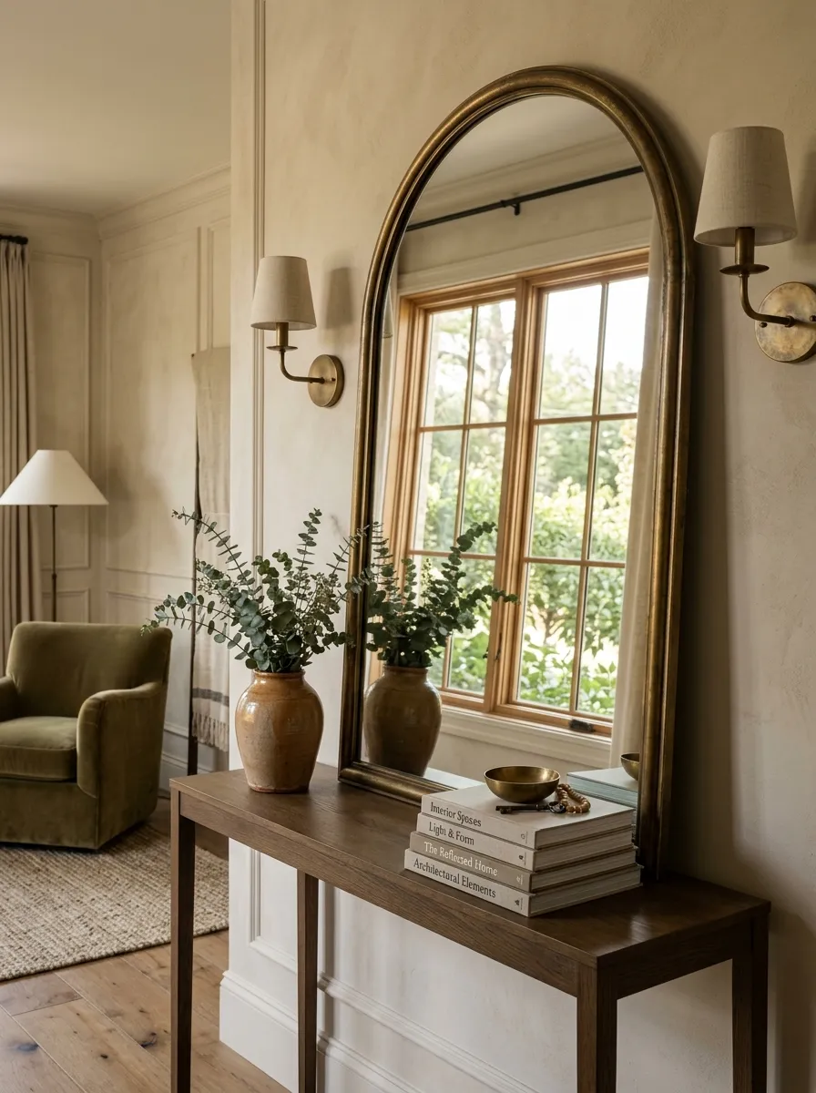 25 Luxury Living Room Ideas That Reveal the Design Details Most People Completely Overlook 21 Large arched brass mirror reflecting window light and foliage in an elegant living room interior with console table
