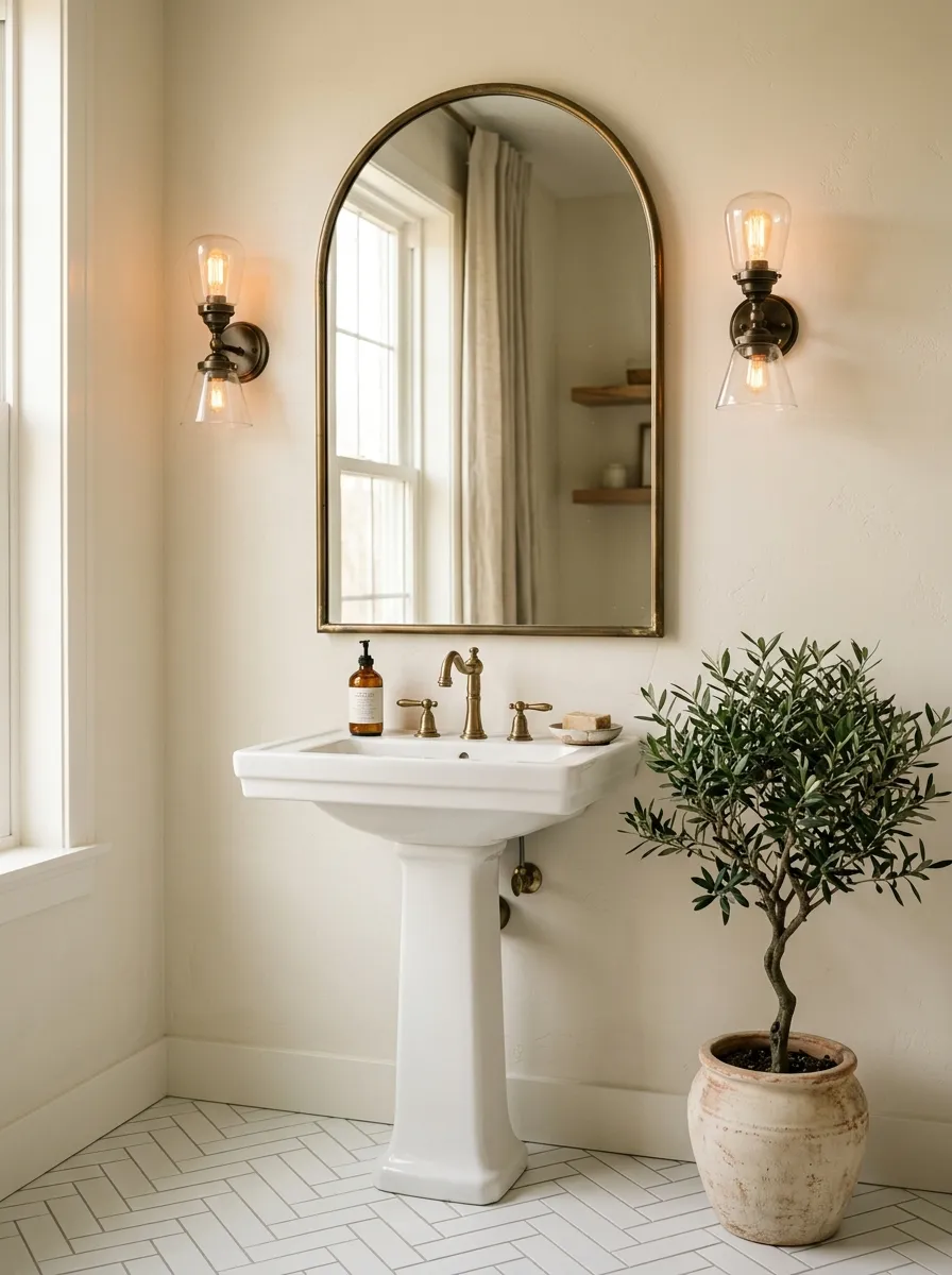 Oversized arched brass mirror above a white pedestal sink in a minimal and elegant guest bathroom