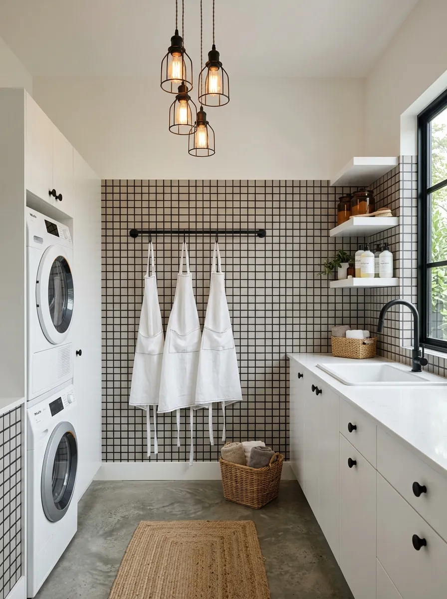 Modern laundry room with black and gray grid laundry space wallpaper, white flat front cabinetry, matte black hardware, and polished concrete floor