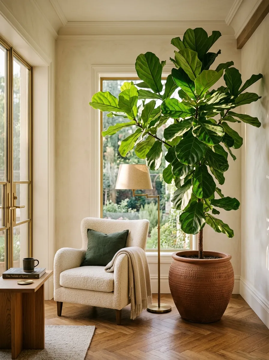 25 Luxury Living Room Ideas That Reveal the Design Details Most People Completely Overlook 15 Large fiddle leaf fig in a handcrafted ceramic pot as architectural element in a luxury living room corner