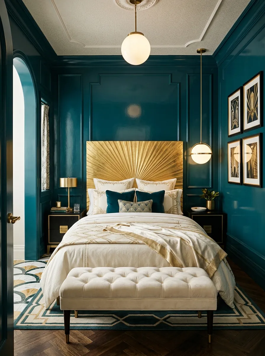 Art Deco boutique bedroom with teal lacquered walls, gold sunburst headboard, and geometric black nightstands for a bold glamorous look