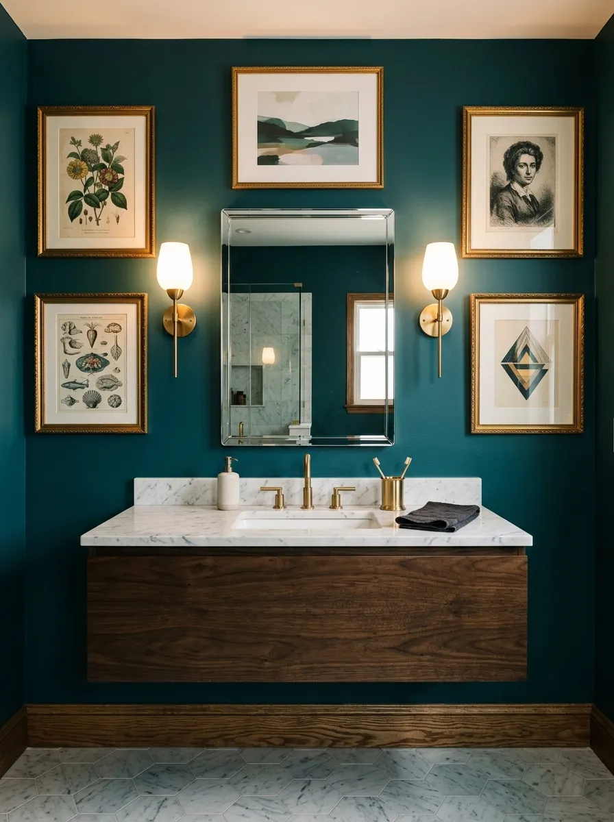 22 Dark Moody Bathroom Ideas for a Bold, Dramatic, and Surprisingly Cozy Modern Space 16 Deep teal bathroom with gold framed gallery wall prints and brass sconces above a marble vanity in a moody art inspired bathroom.