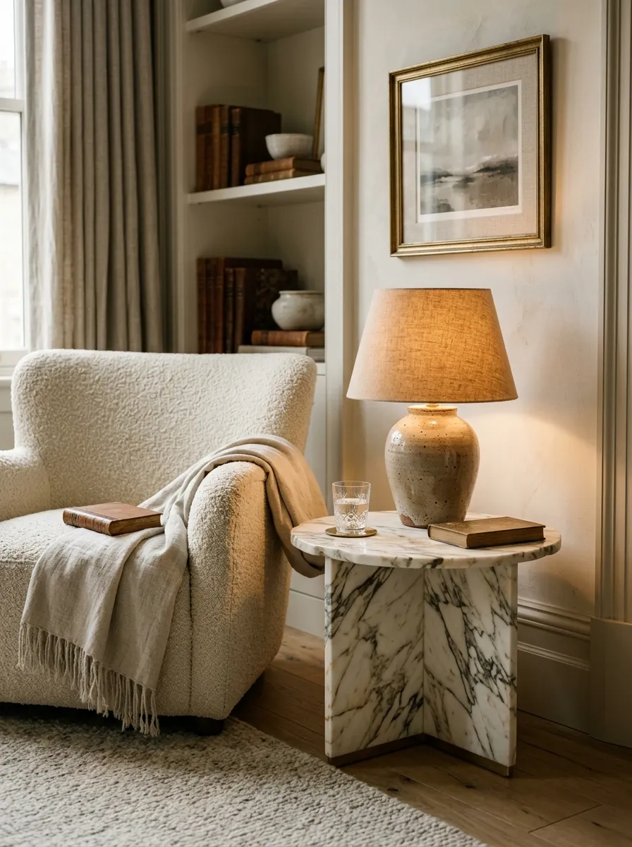 25 Luxury Living Room Ideas That Reveal the Design Details Most People Completely Overlook 10 Genuine marble side table and hand thrown ceramic lamp in a high end living room corner with brass accents