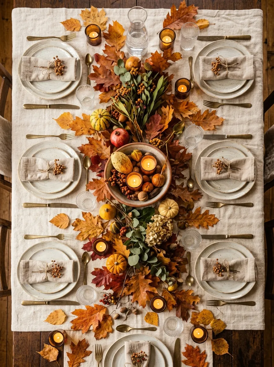 Dining table scattered with pressed autumn leaves in orange red and gold for a stunning harvest tablescape