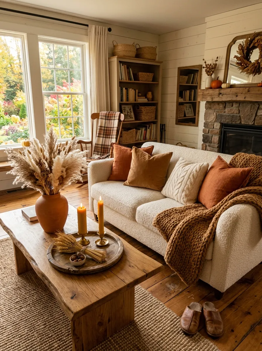 21 Modern Farmhouse Living Room Ideas That Perfectly Balance Texture, Warmth, and Modern Style 19 A farmhouse living room styled for autumn with burnt orange pillow covers, chunky caramel throw, dried pampas grass, terracotta vase, and beeswax candles.