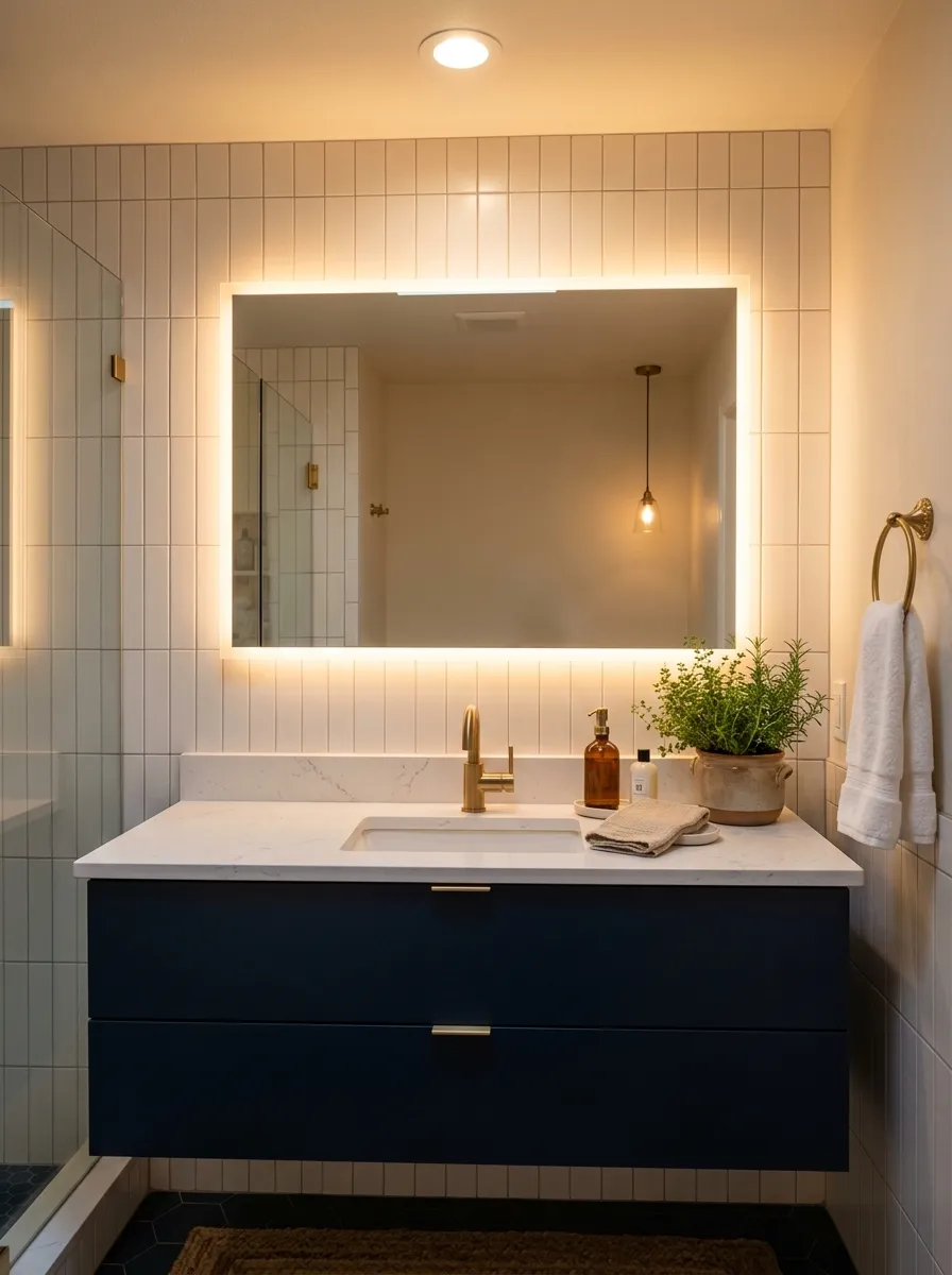 Large rectangular backlit LED mirror above navy floating vanity with brushed gold faucet in a stylish guest bathroom