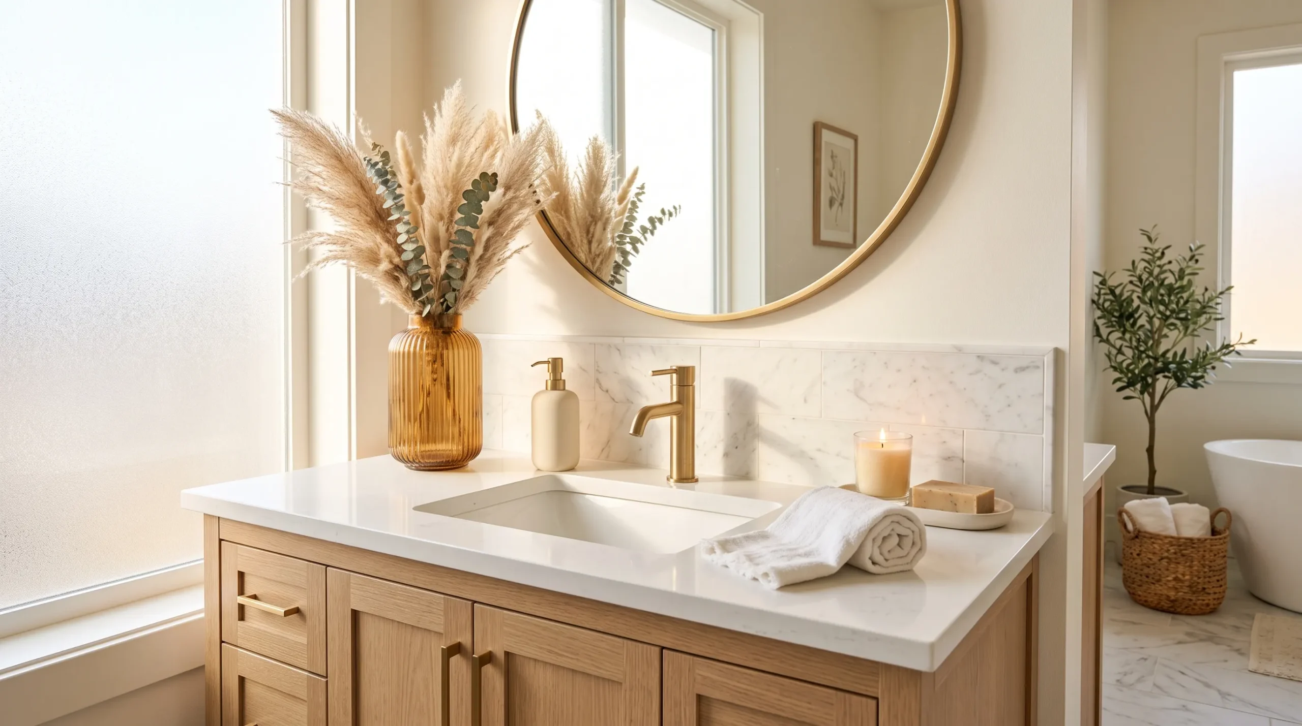 17 Bathroom Counter Styling Ideas for an Instant Aesthetic Glow Up That Looks Expensive 2 Bathroom counter styling with pampas grass, gold faucet, candle, and ceramic soap dispenser on white quartz vanity
