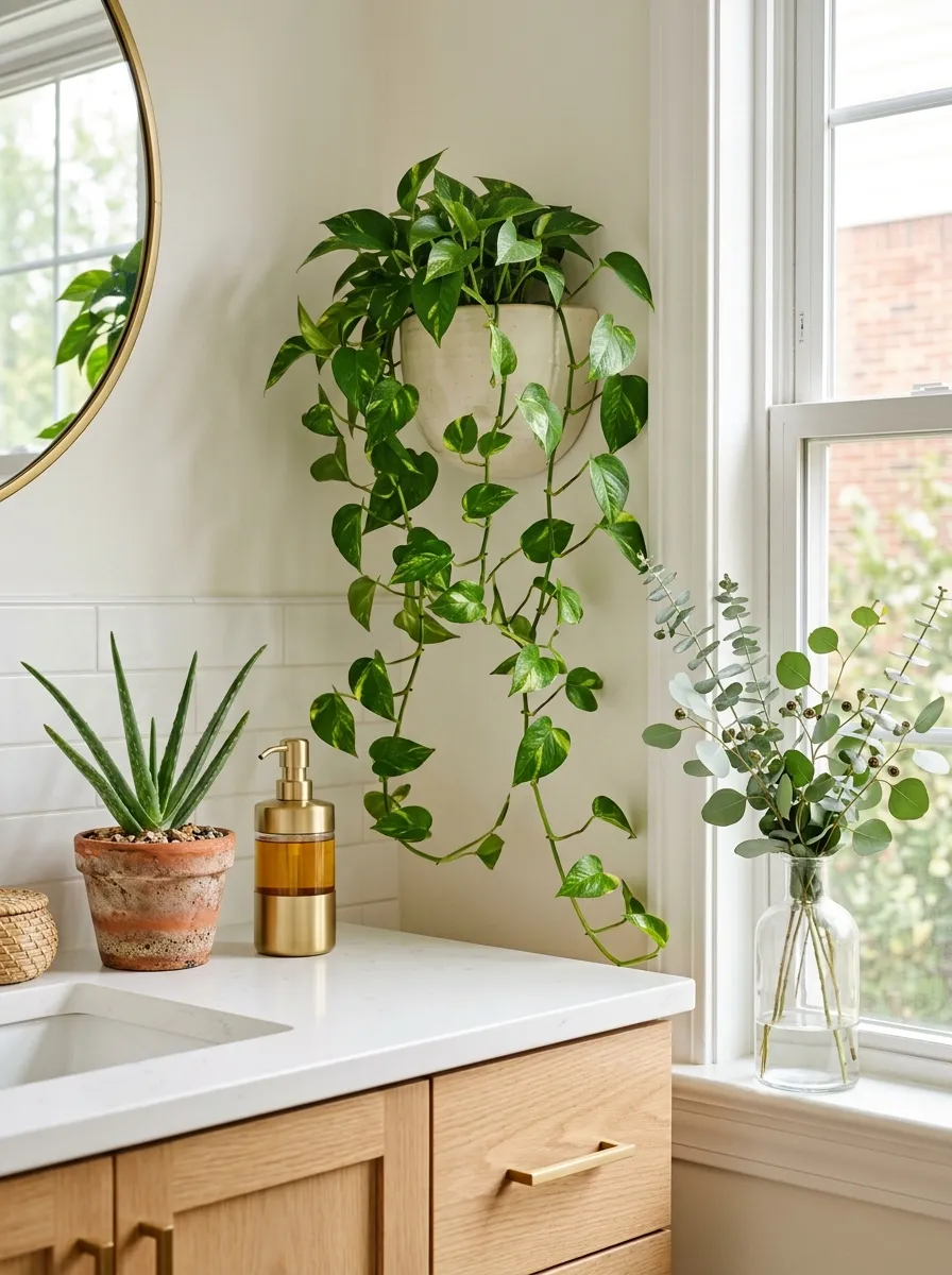 17 Bathroom Counter Styling Ideas for an Instant Aesthetic Glow Up That Looks Expensive 6 Bathroom counter styling with pothos, aloe vera, eucalyptus stems, and gold dispenser on white vanity