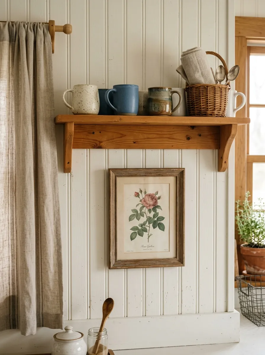 17 Farmhouse Cottage Kitchen Ideas to Master the New Timeless and Cozy Design Aesthetic 5 White painted beadboard wall with open shelf and ceramic mugs in a cottage kitchen style space