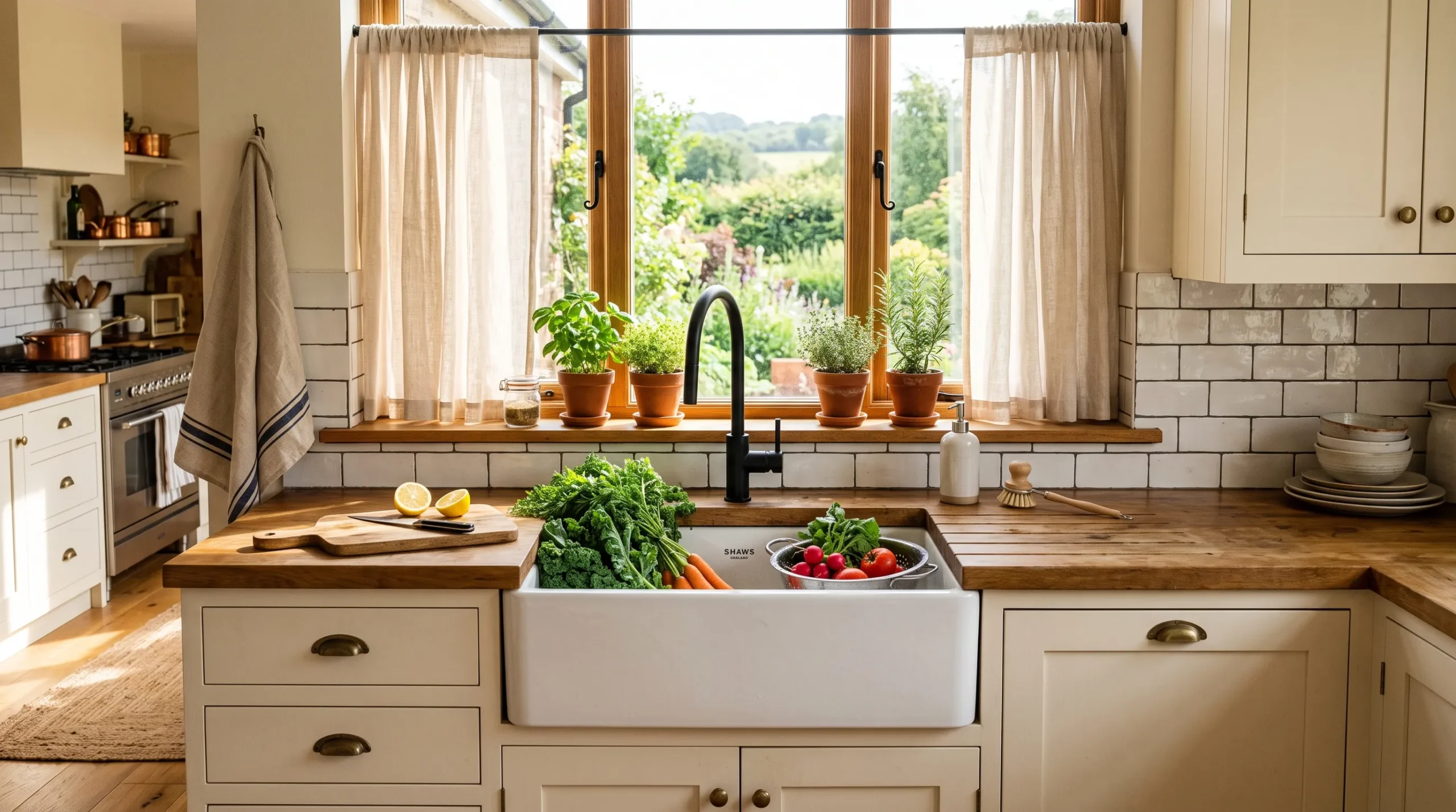 16 Farmhouse Sink Ideas That Reimagine This Classic Feature With Beautiful Modern Design Details 3 White fireclay farmhouse sink with butcher block countertops and sheer linen curtains in a bright farmhouse kitchen