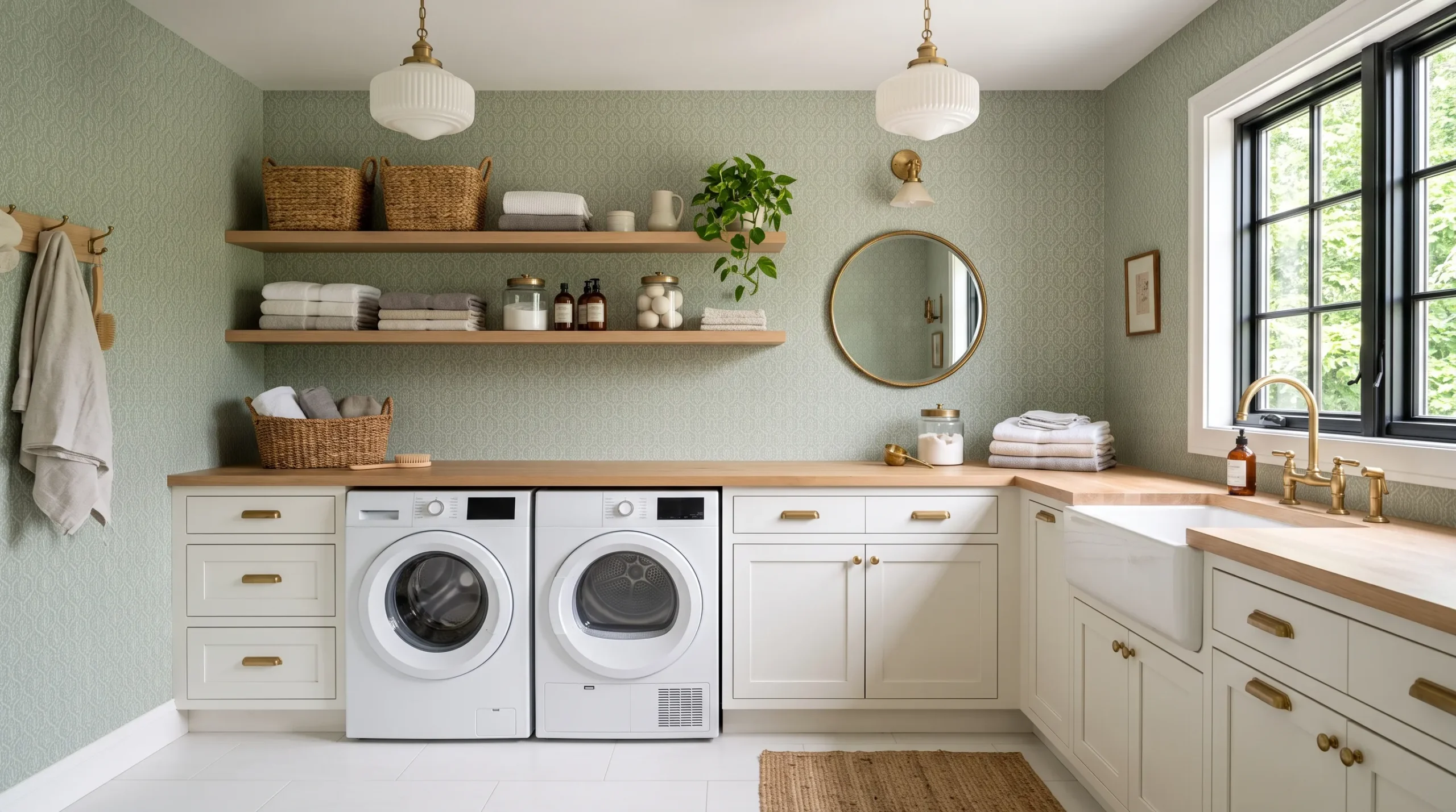 17 Laundry Room Wallpaper Ideas That Get Pattern, Scale, and Balance Beautifully Right 3 Bright laundry room with sage green geometric laundry room wallpaper, white shaker cabinetry, brass hardware, and woven basket open shelving