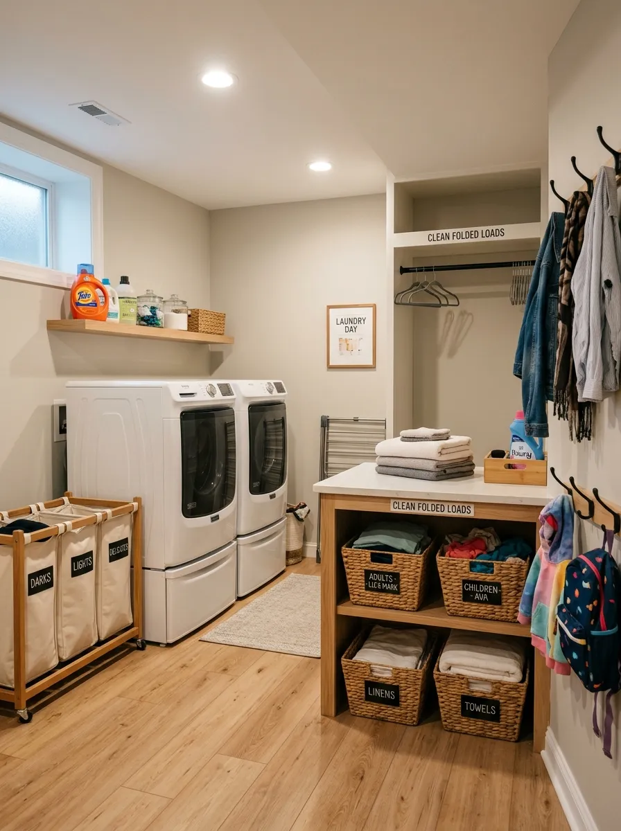 16 Basement Laundry Room Ideas That Use Smart Design Principles to Make Every Inch Work Better 16 Practical basement laundry room designed around daily habits with machines on pedestals, staged clean laundry shelf, and hooks at two heights
