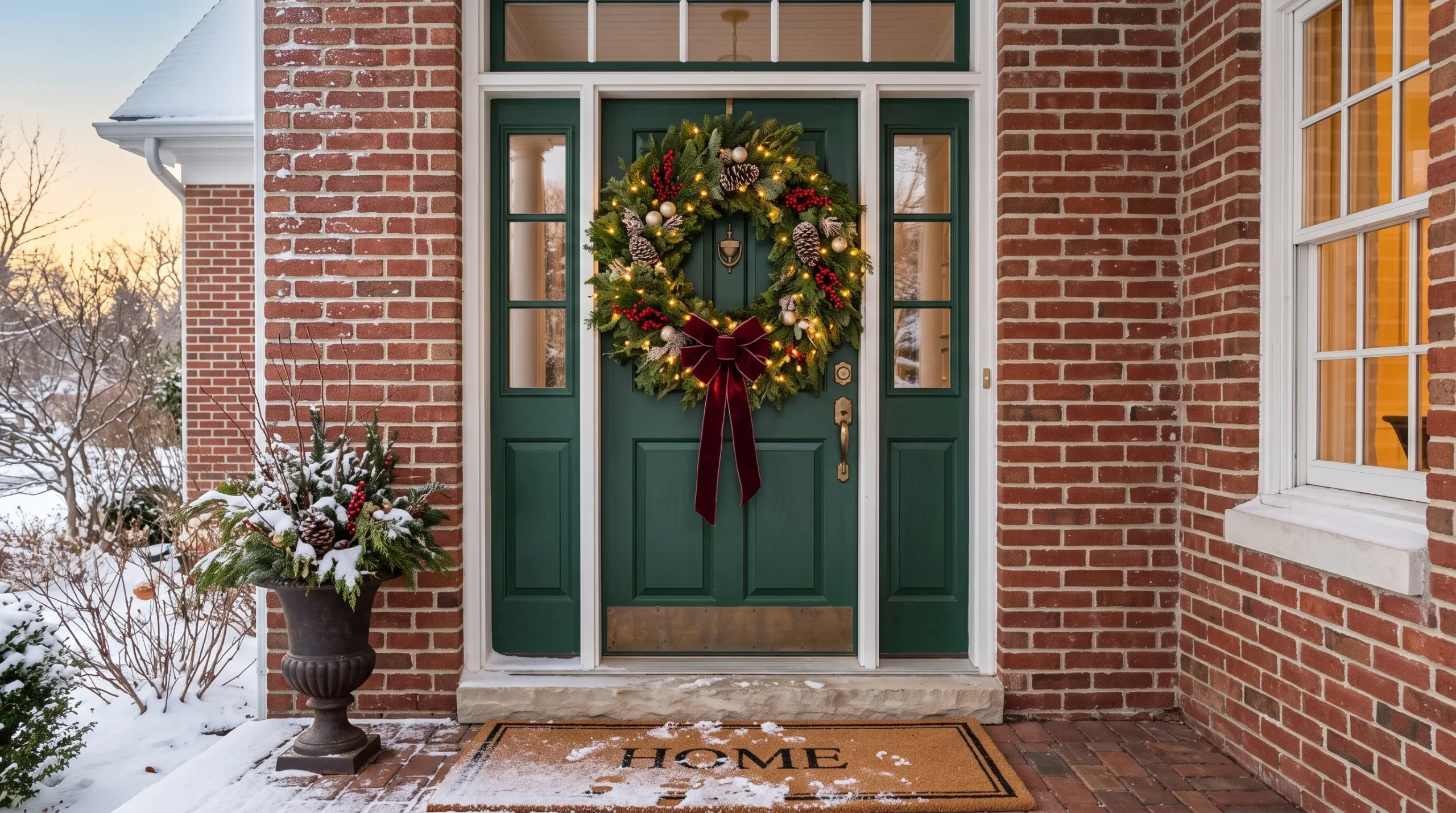 A stunning front door decorated with lush Christmas wreath ideas featuring velvet ribbon, pinecones, and glowing fairy lights