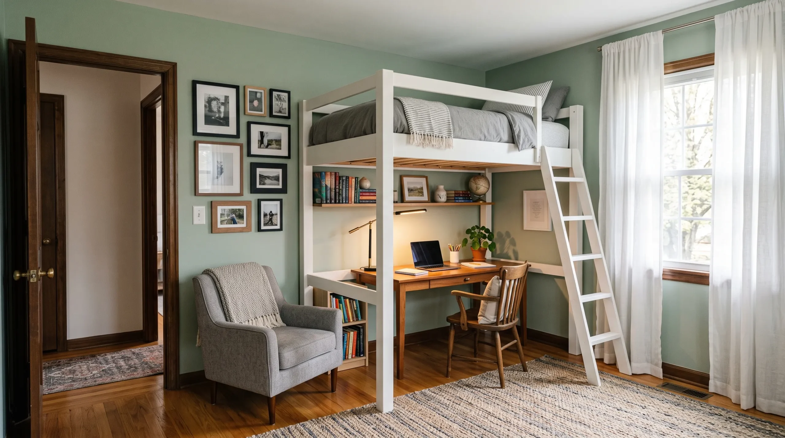 Stylish big kids bedroom ideas featuring a lofted bed, study zone, sage green walls, and warm natural lighting