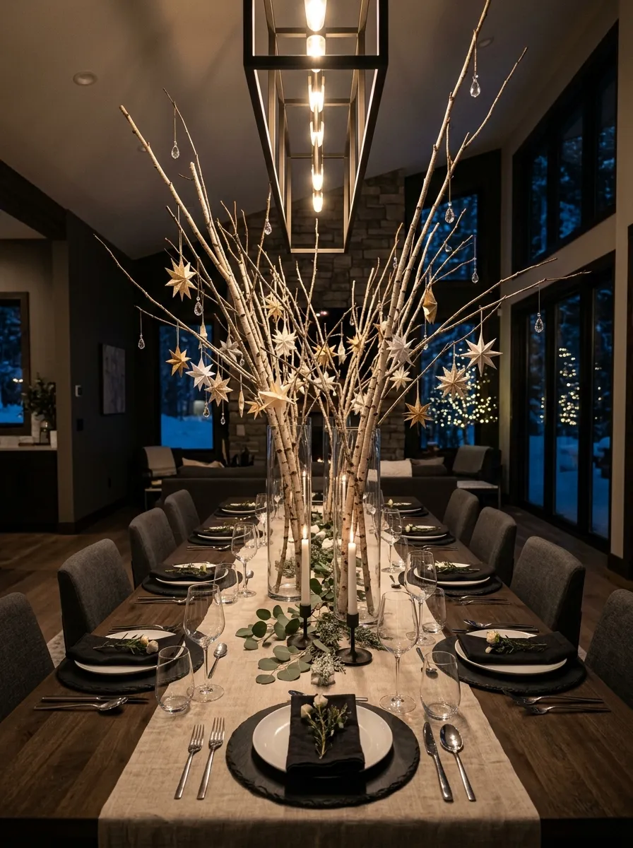 Tall birch branches in glass vases with hanging crystals as nature inspired table decor ideas for a dramatic tablescape