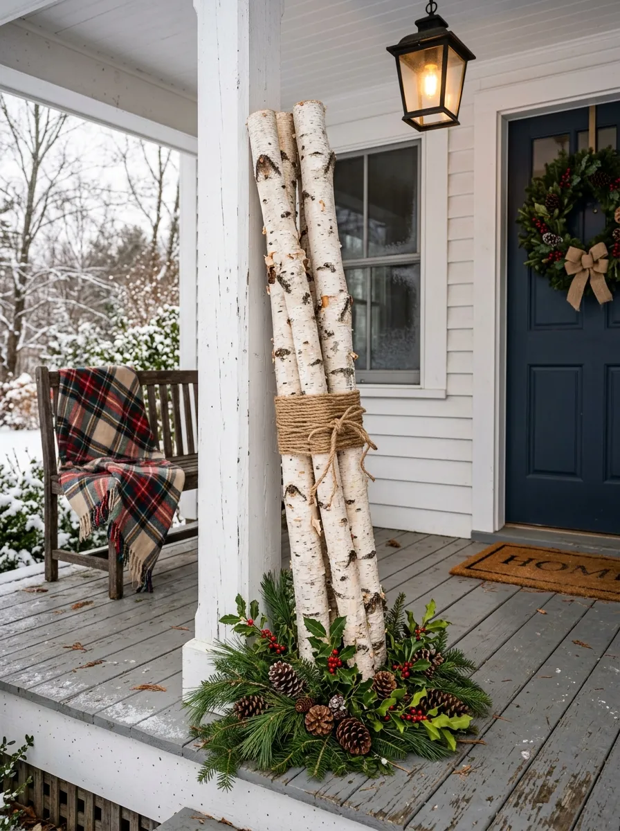 Birch log bundle with pine branches and pinecones as rustic front yard Christmas decor on a cozy porch corner