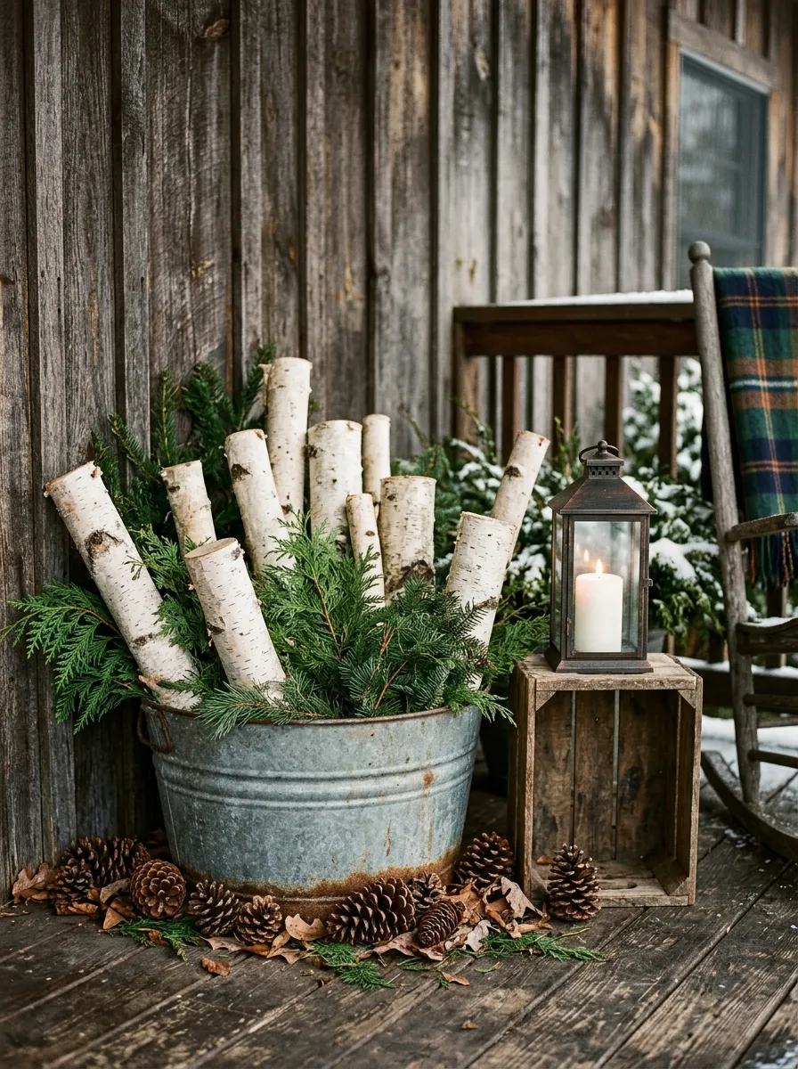Galvanized tub with birch logs and cedar branches as rustic outdoor Christmas porch styling for a cozy holiday entrance