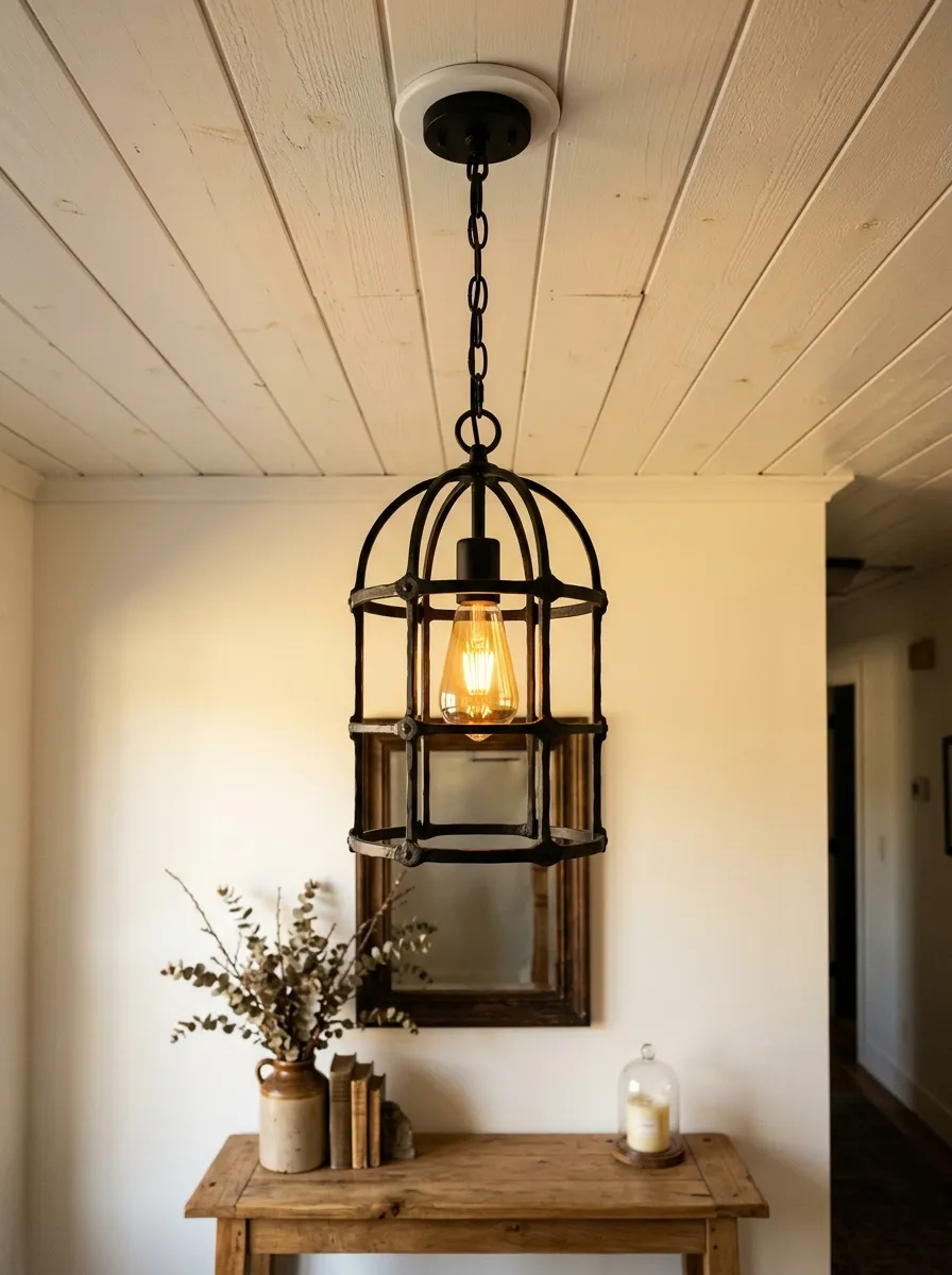 Black iron cage pendant light with warm Edison bulb hanging from shiplap ceiling in farmhouse front entry for cozy entryway decor