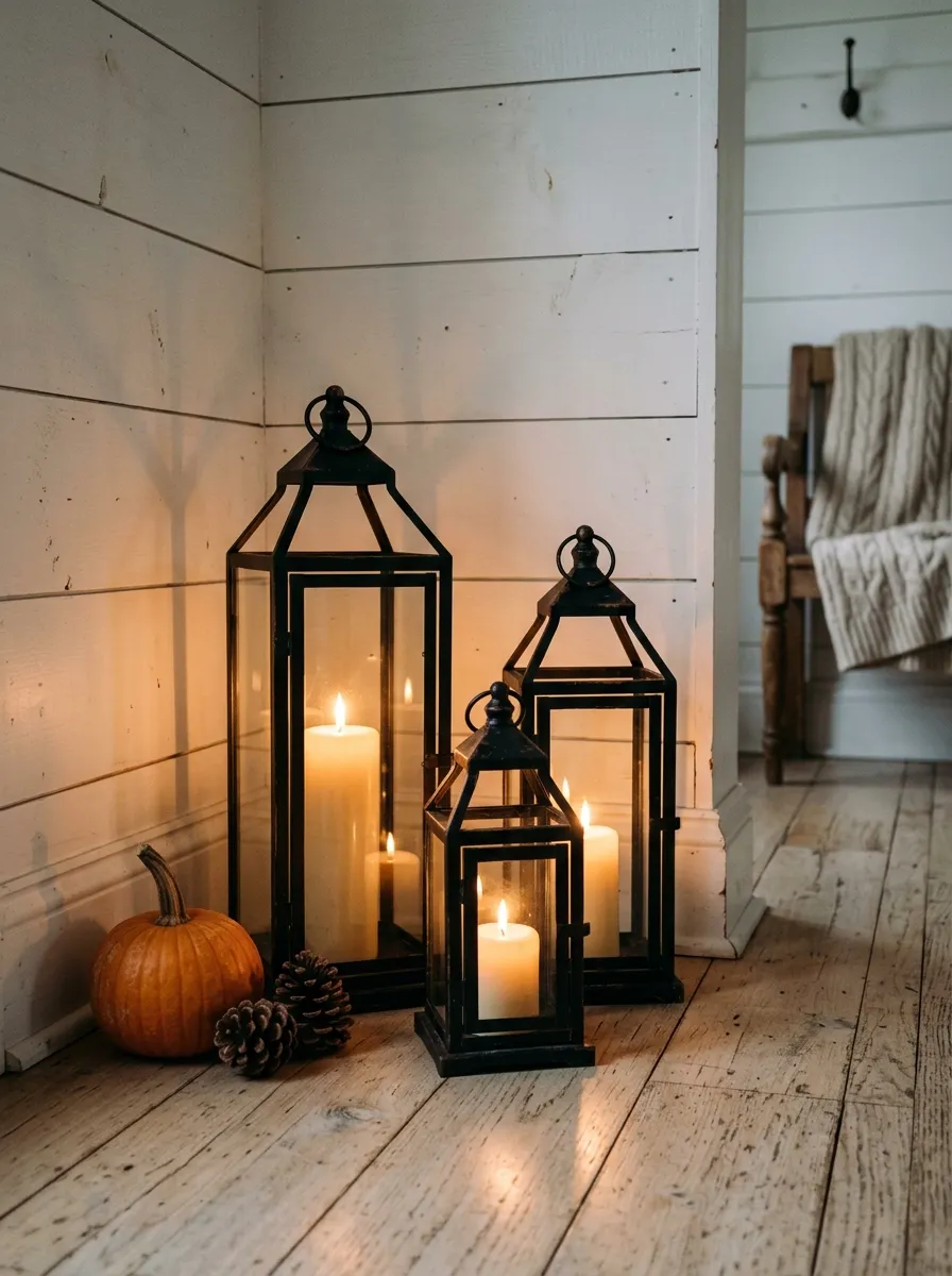Three black iron lanterns clustered on farmhouse entryway hardwood floor with pillar candles and seasonal accent for rustic entryway ideas