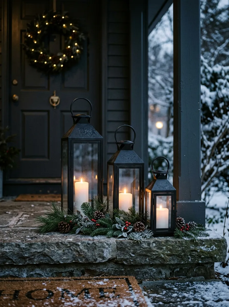 19 Winter Porch Decorating Ideas That Instantly Boost Cozy Curb Appeal All Season Long 3 Three black metal lanterns grouped on a stone porch step with evergreen sprigs creating a cozy winter porch vignette