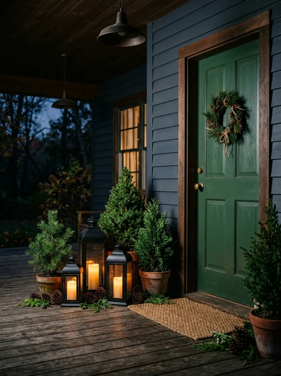 Cluster of black metal lanterns with flameless candles and evergreen trees as cozy festive porch ideas