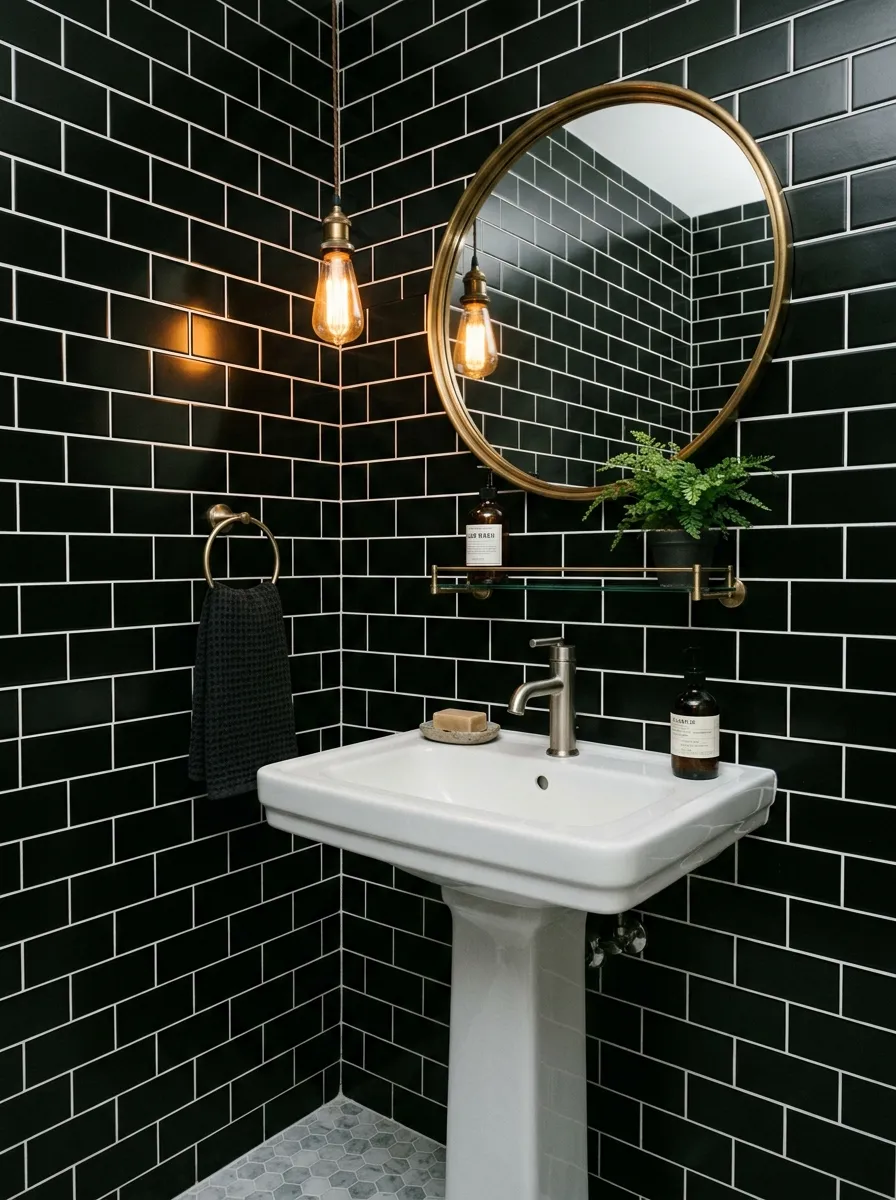 22 Dark Moody Bathroom Ideas for a Bold, Dramatic, and Surprisingly Cozy Modern Space 9 Glossy black subway tile walls with white grout and brass mirror in a bold moody bathroom ideas inspired space.
