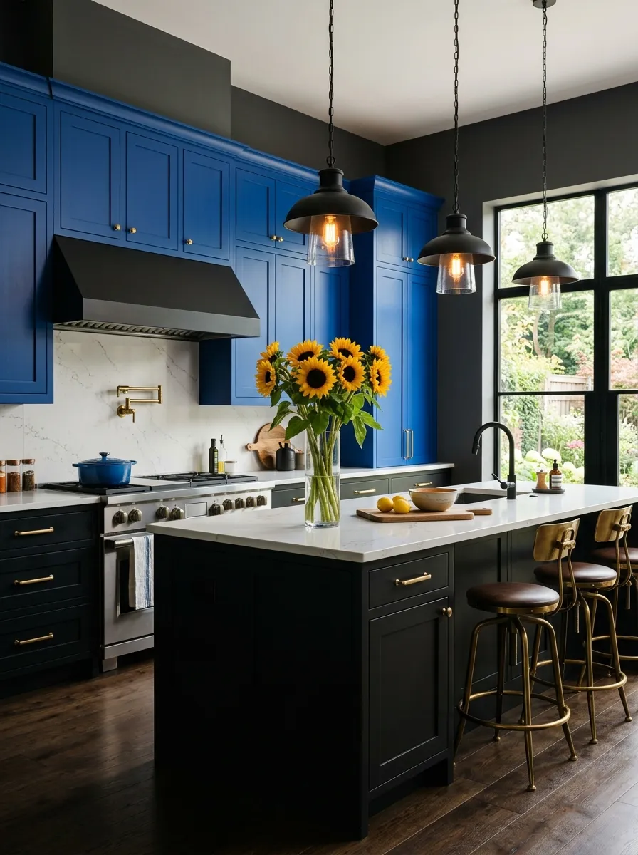 Matte black lower cabinets with cobalt blue upper cabinets, brass hardware, white countertops, and yellow sunflowers in a bold dramatic kitchen