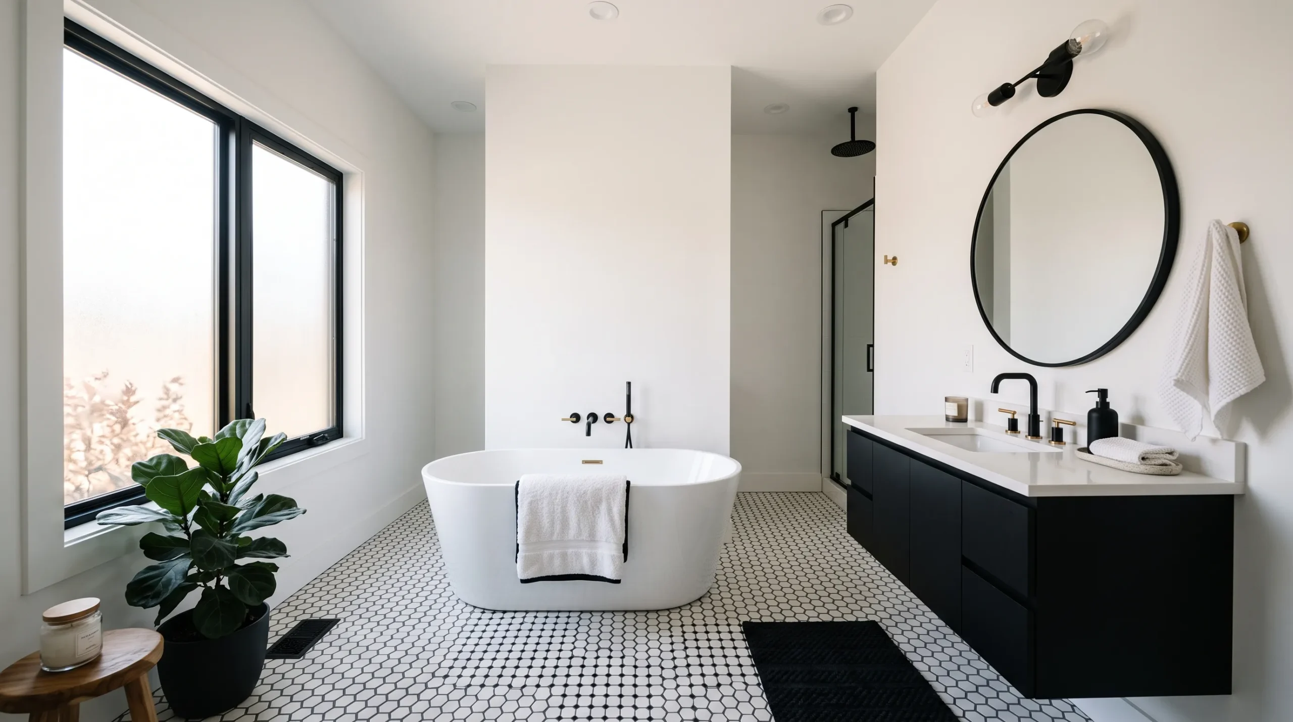 18 Black and White Bathroom Ideas That Photograph Beautifully and Look Just as Good in Real Life 4 Elegant black and white bathroom with freestanding tub, hex tile floor, and matte black fixtures in natural light