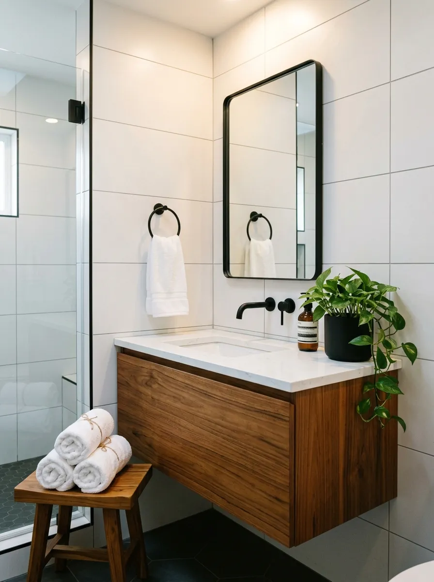 18 Black and White Bathroom Ideas That Photograph Beautifully and Look Just as Good in Real Life 16 Modern black and white bathroom with warm teak wood floating vanity base and white quartz countertop